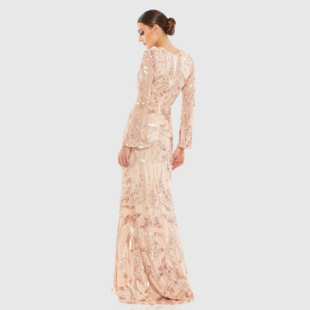 Mac DuggalSequined Faux Wrap Split Long Sleeve Gown - Picture 4 of 9